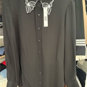 Elie Tahari silk Black Dress Shirt with Embroidered Collar Sz M NWT